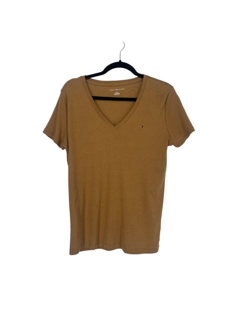 Tommy Hilfiger Women’s T-Shirt Large Brown V-Neck Preppy Cotton Minimalist Tee